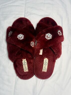 Jessica Simpson Wine Plush Slide Slippers with Crystal Rosettes
